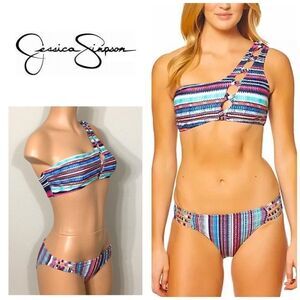 Jessica Simpson multicolored one-shouldered bikini
